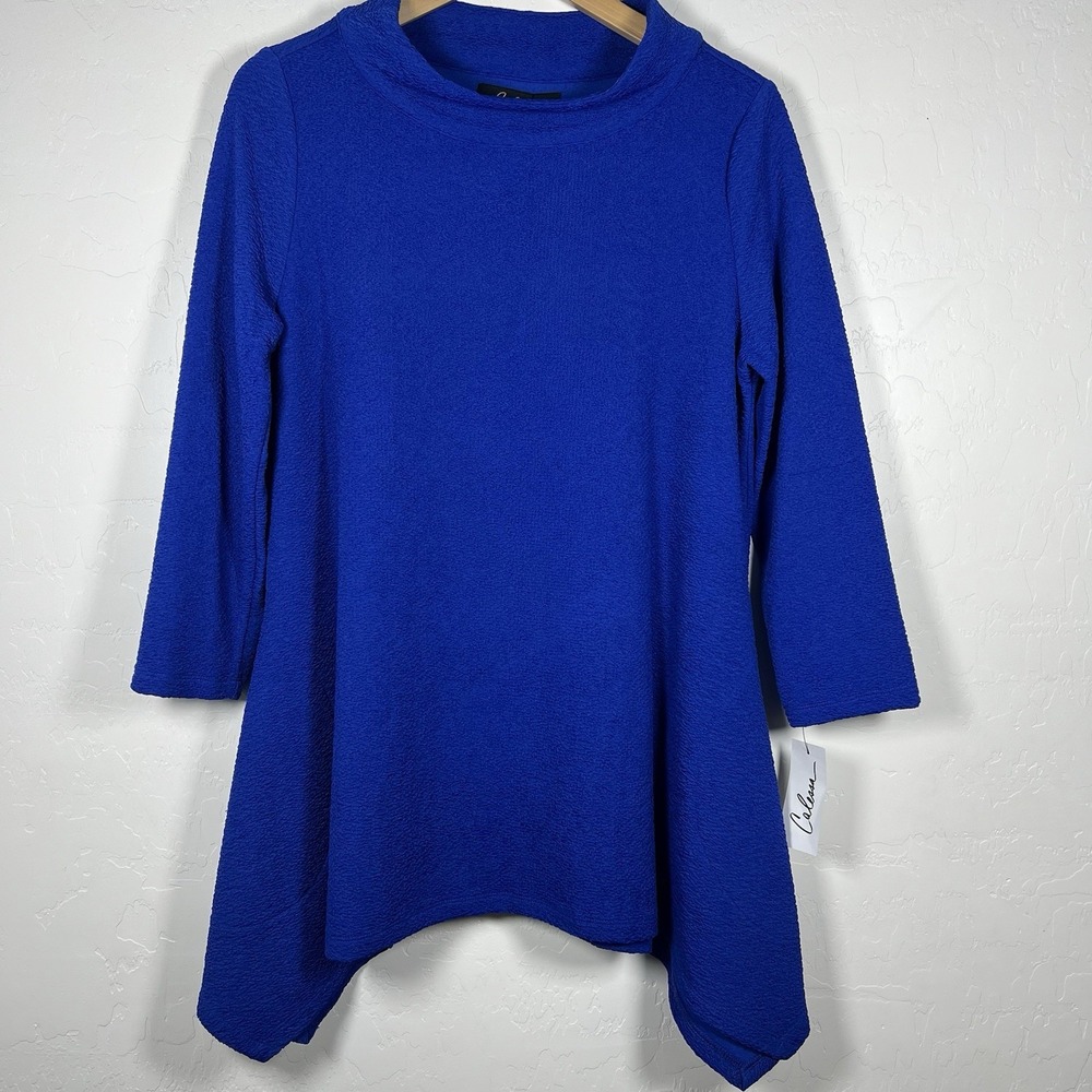 Calessa Cobalt Blue Textured High Neck Tunic Top NWT Asymmetrical Size Small